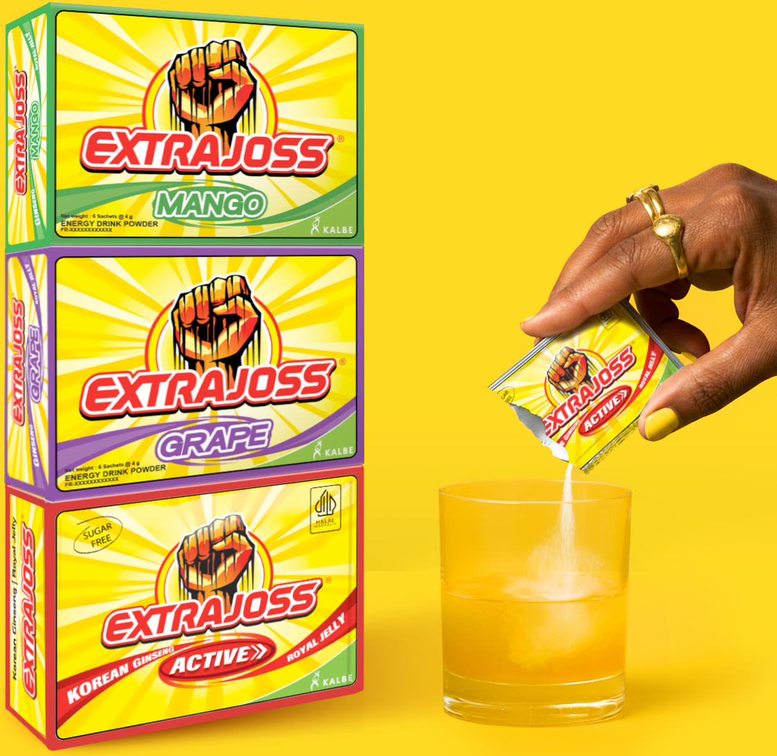 Extra Joss energy drink powder packaging with a hand pouring powder into a glass on a yellow background